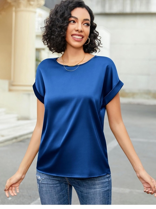 Amazon Tops - Satin Short-Sleeve Crewneck Top in Blue Womens XXL